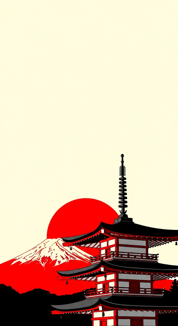 Graphic Ukiyo-e Style Illustration of a Japanese Pagoda and Mount Fuji with a Red Sun