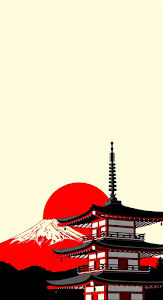 Graphic Ukiyo-e Style Illustration of a Japanese Pagoda and Mount Fuji with a Red Sun