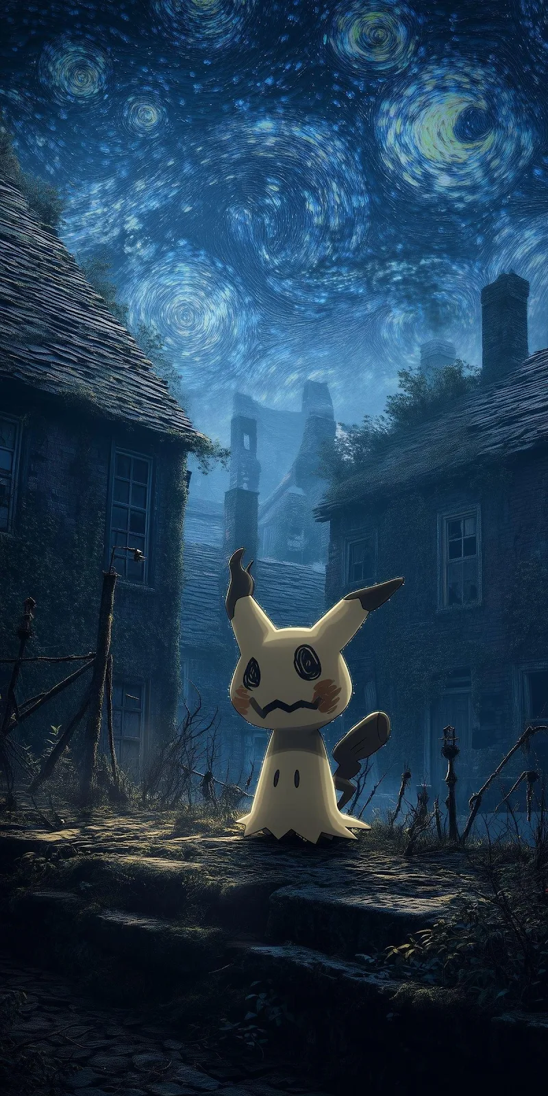 Mimikyu Under Starry Night Sky - Digital Art Mashup Full HD iPhone Wallpaper (1200x2400)