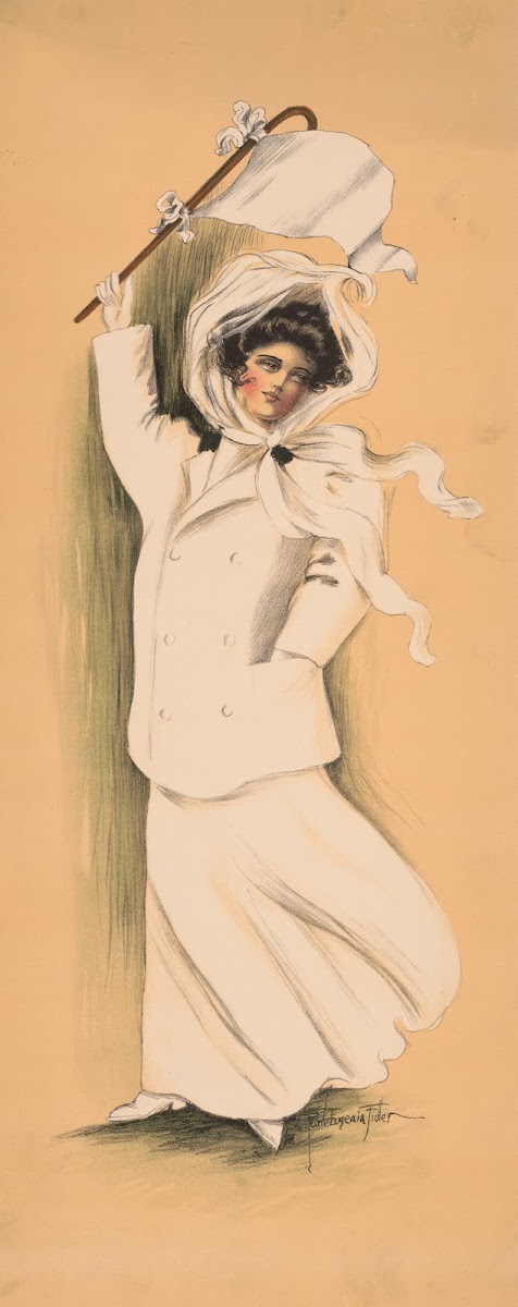 Woman In White Dress And Coat Waving White Flag 1909