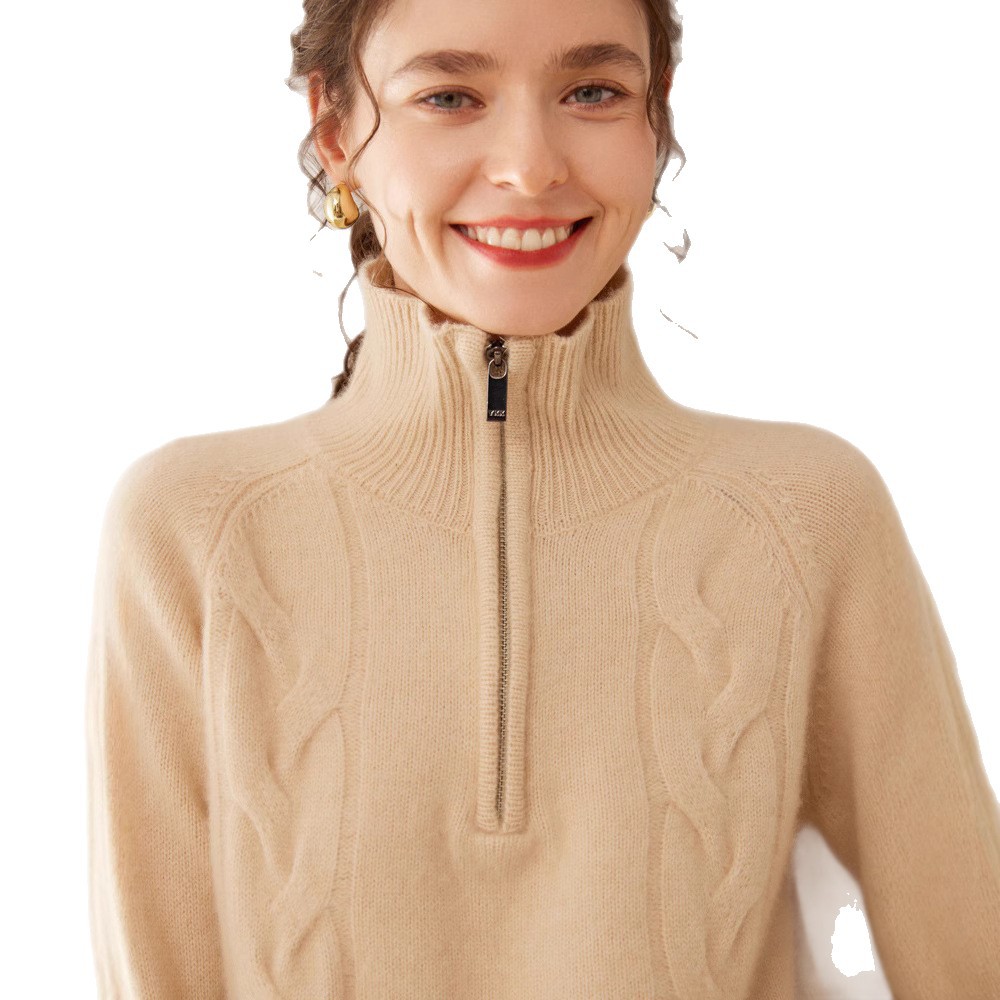 Women's Cashmere Sweater with Stand Collar and Zipper