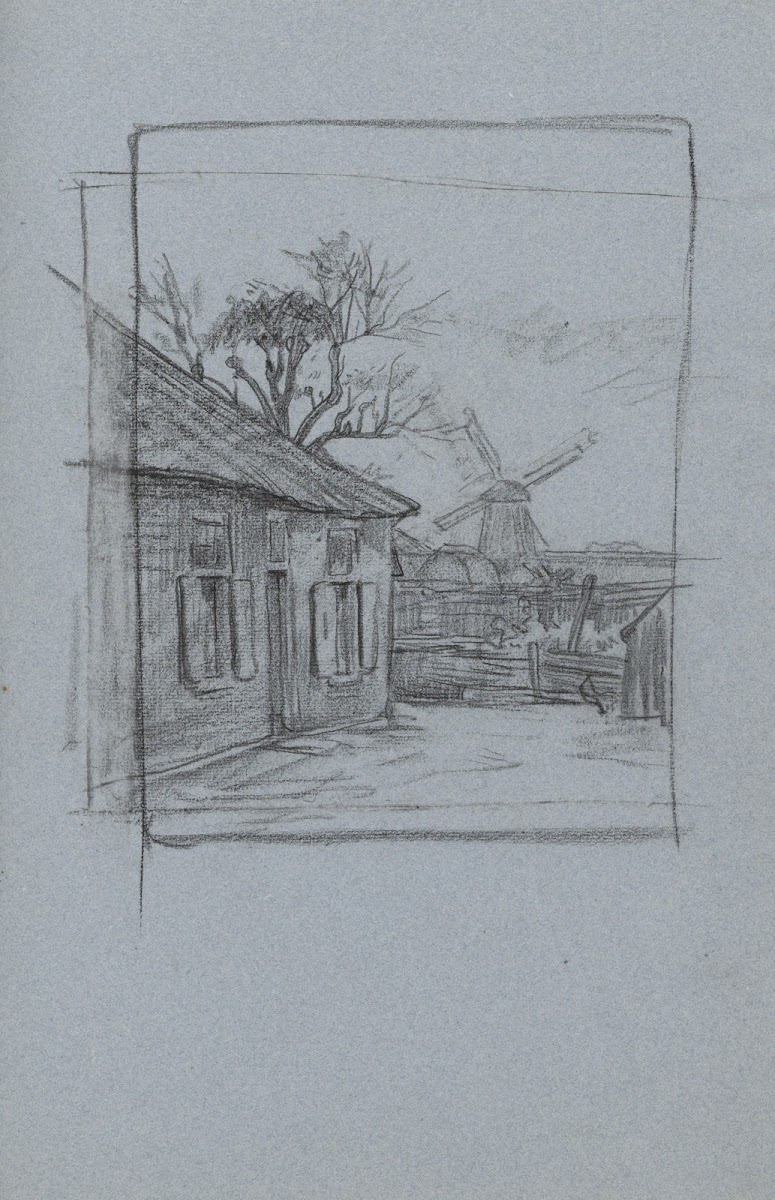 Arbeidershuis met een moestuin en een molen op de achtergrond 1874   1925