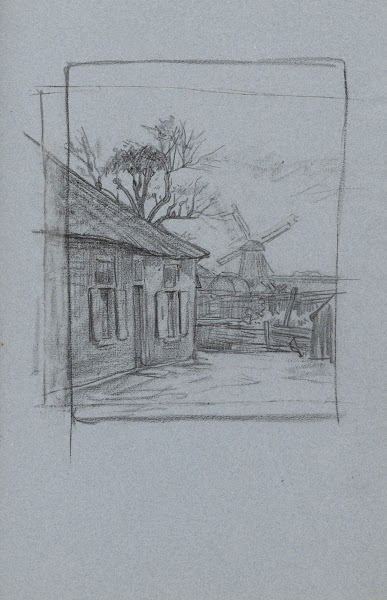Arbeidershuis met een moestuin en een molen op de achtergrond 1874   1925