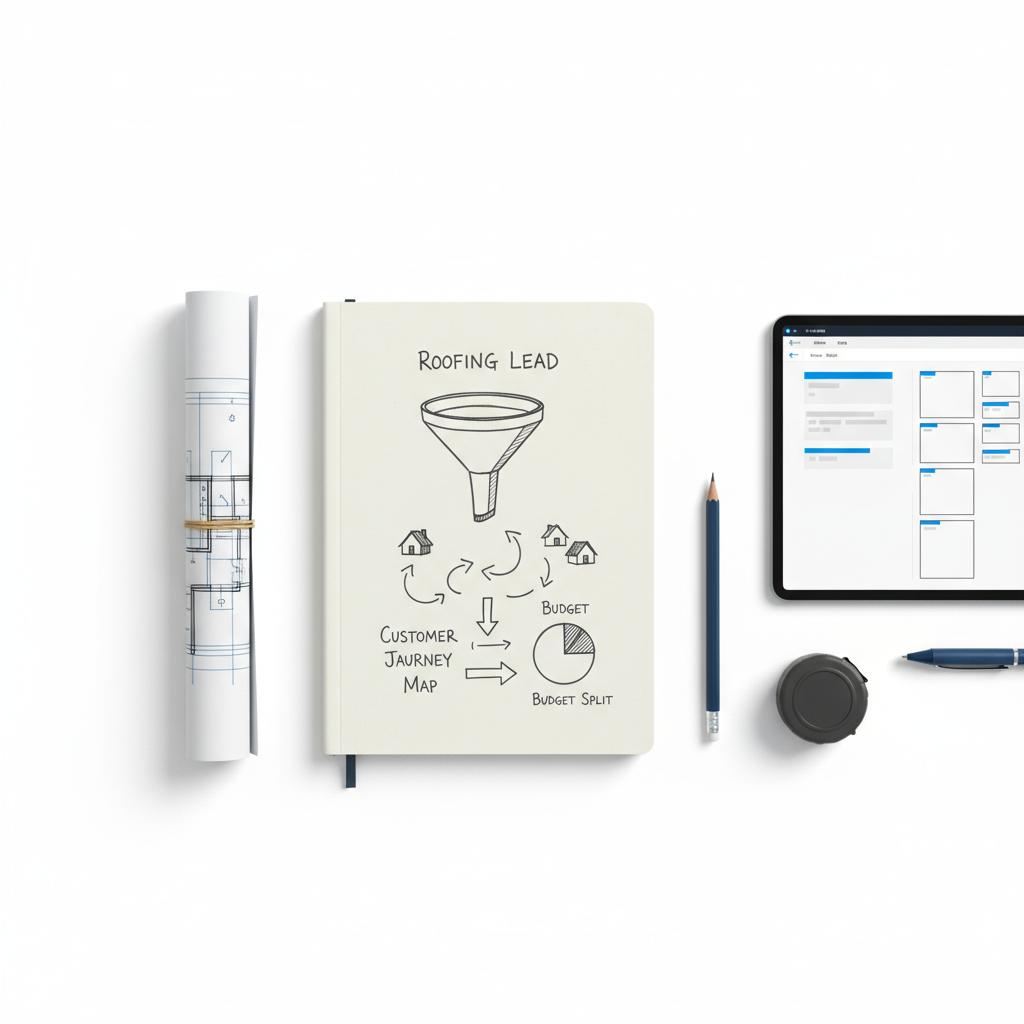 Top-down contractor planning desk with notebook sketches of a roofing leads funnel, blueprints and a tablet CRM mock-up using brand accents #1a5bfb and #39383f