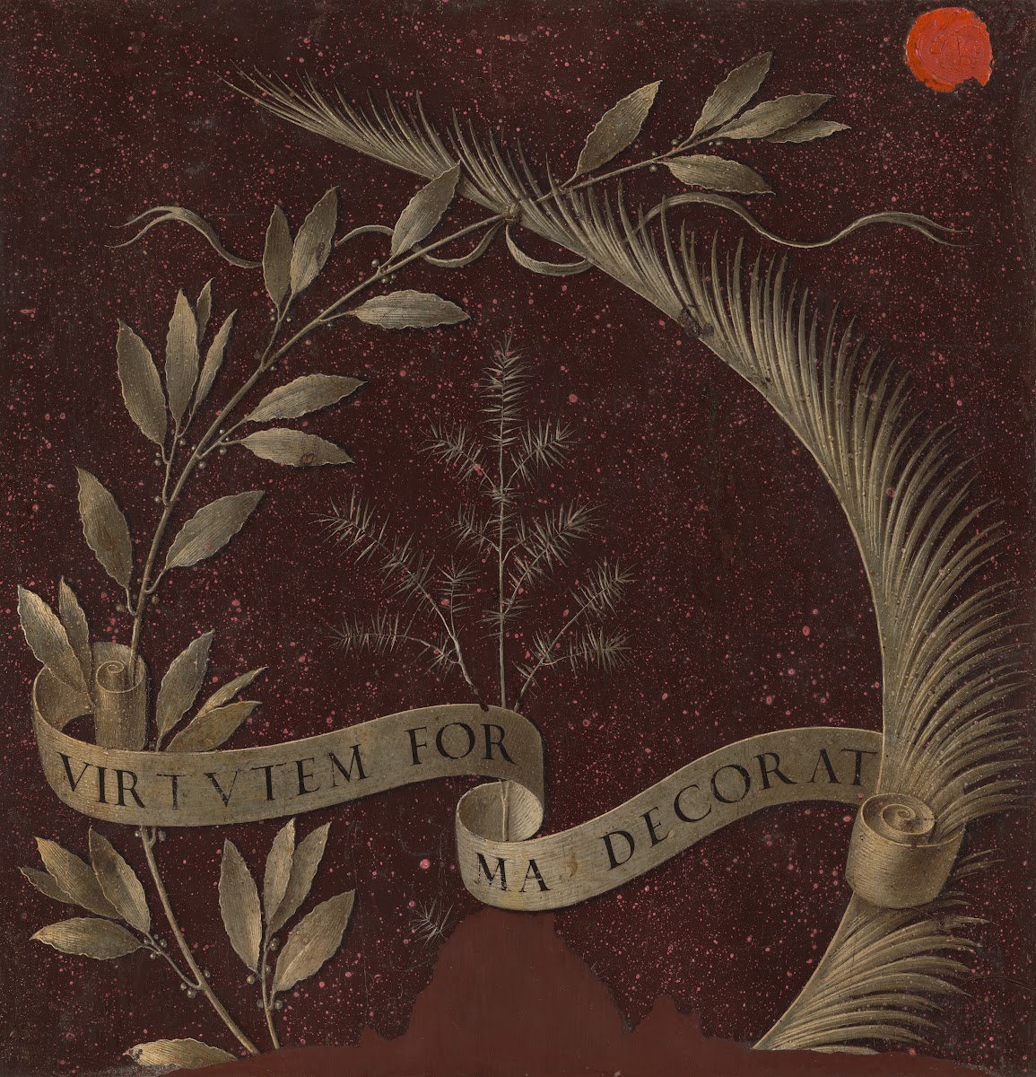 Wreath of Laurel Palm and Juniper with a Scroll inscribed Virtutem Forma Decorat