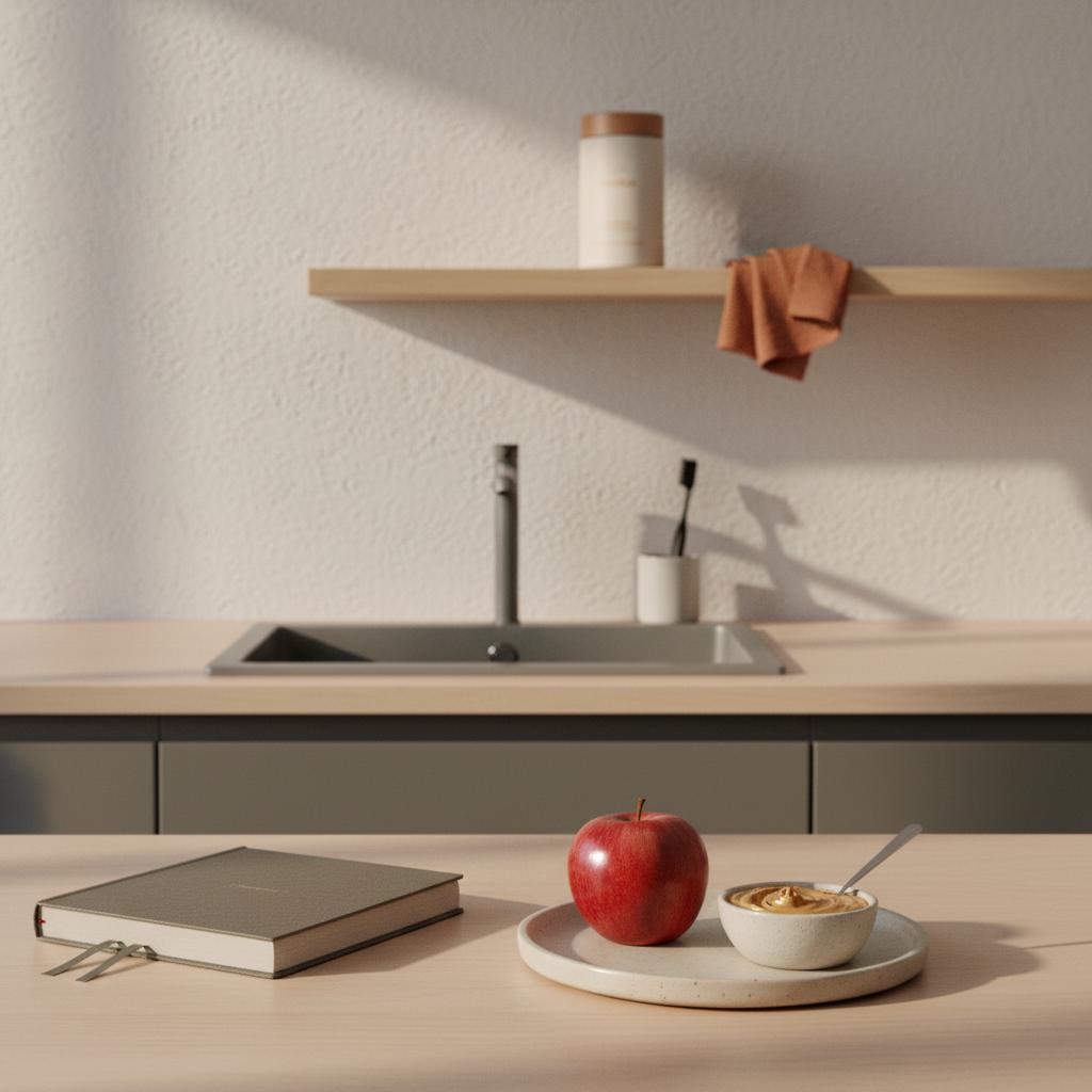 Minimalist evening kitchen scene with apple and nut butter, boxed journal, toothbrush in ceramic holder and Tonum Motus supplement on a shelf — how to stop sugar cravings