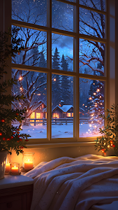 Cozy Window Winter Night View, Cabin Snowfall Christmas