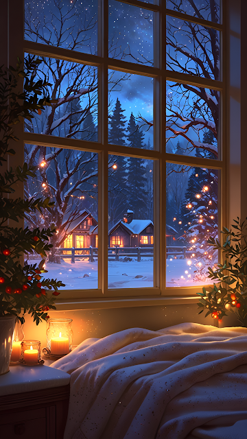 Cozy Window Winter Night View, Cabin Snowfall Christmas - Free mobile Wallpaper