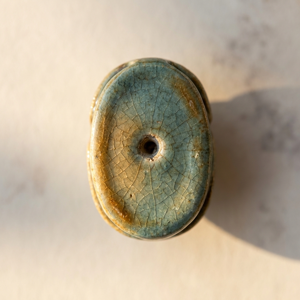 Macro full frame close up of an antique scarab ring base glazed faience showing glaze crazing and a drilled mounting hole on a pale neutral background #ede7da