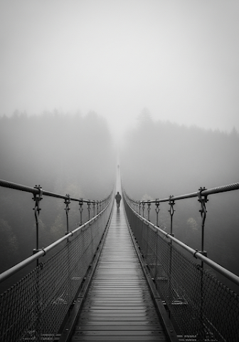 Man on Misty Suspension Bridge