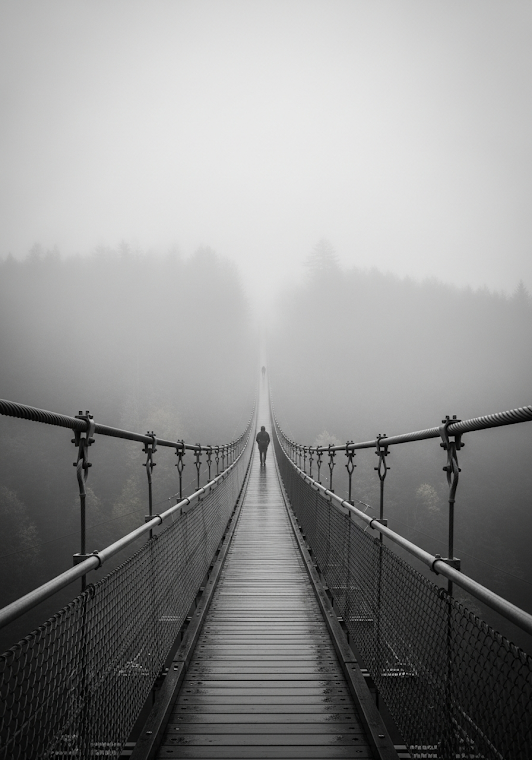 Man on Misty Suspension Bridge