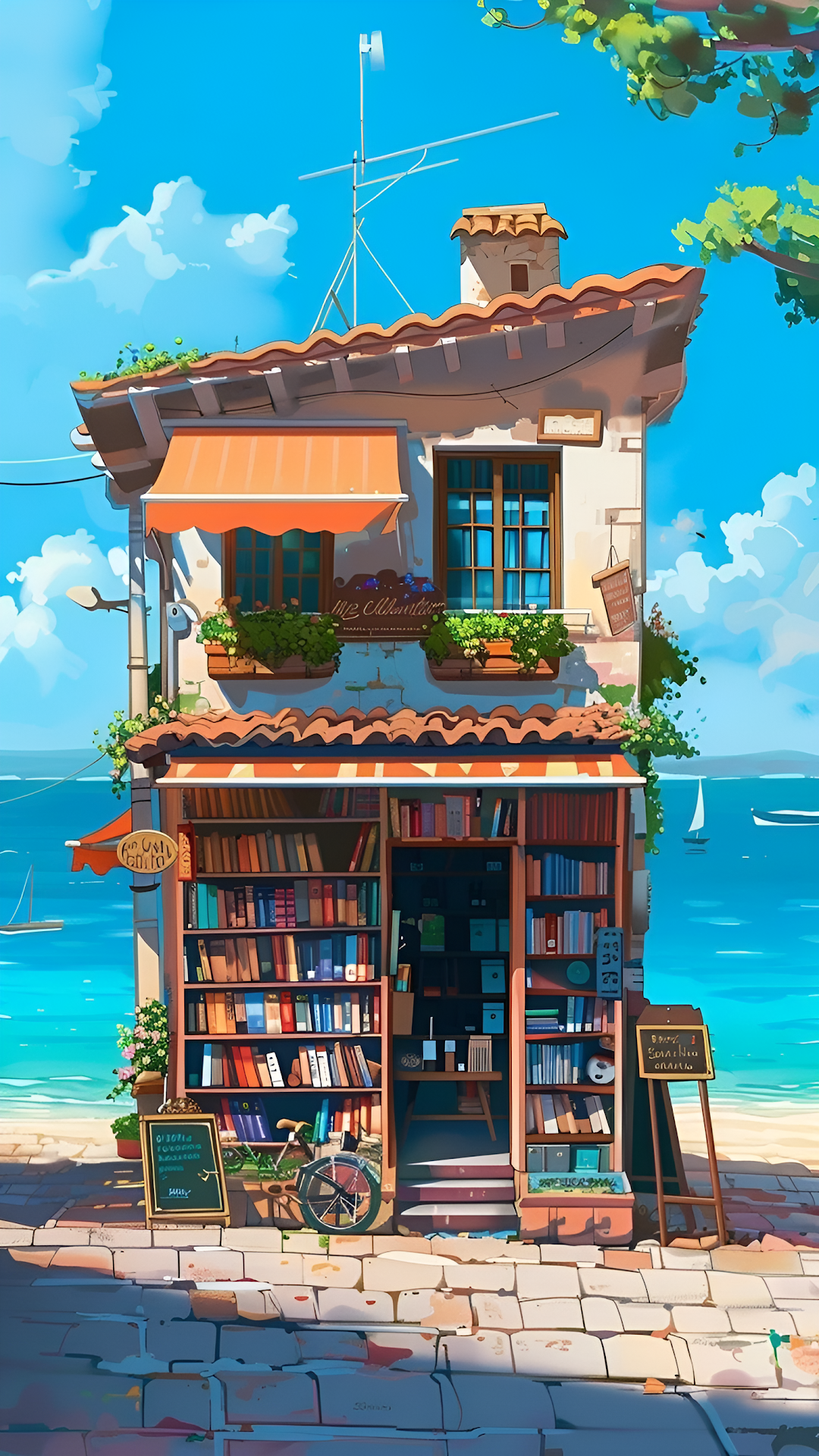 Whimsical Coastal Bookstore Illustration, Ghibli Style Seaside Cafe - Free 4K mobile Wallpaper