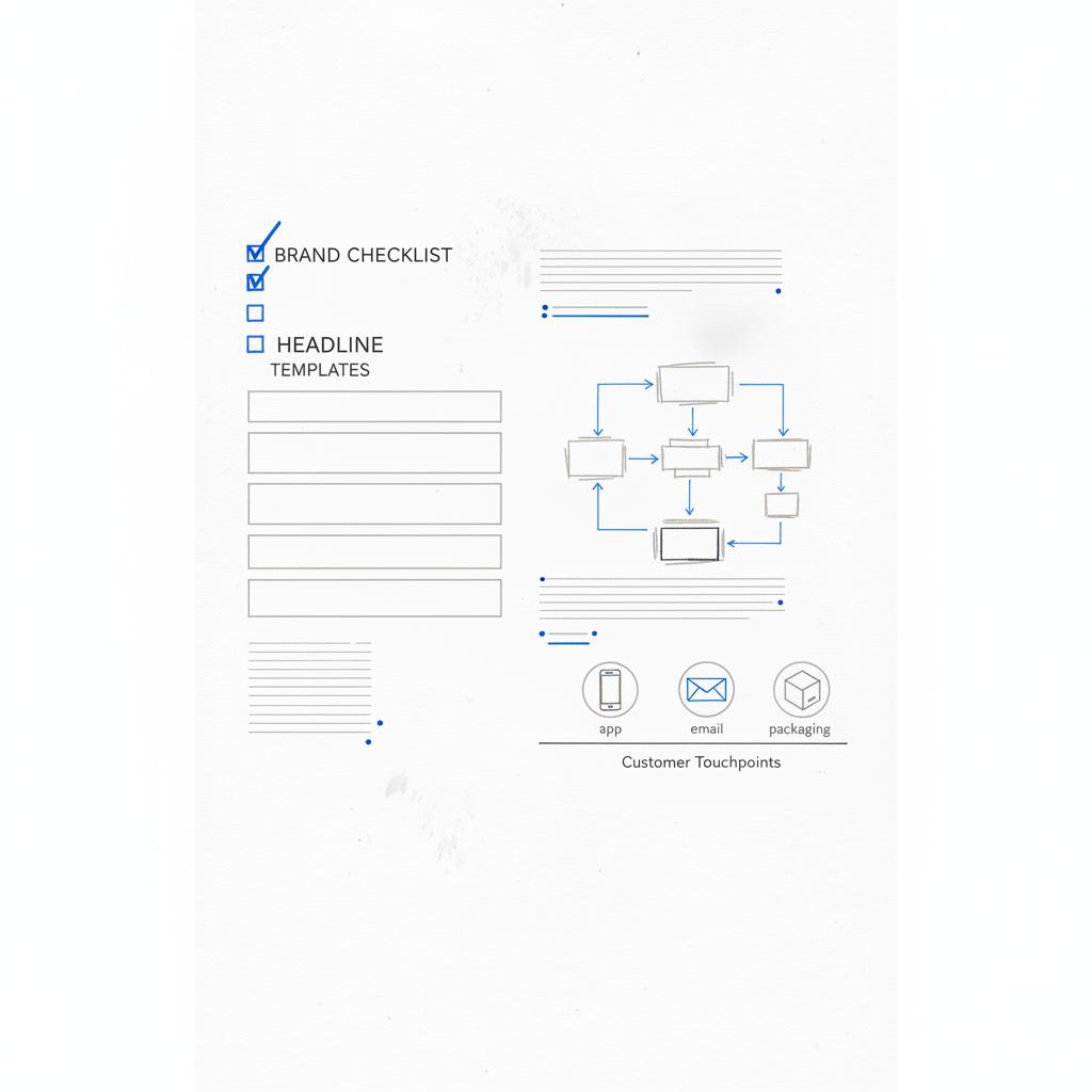 Close-up planner page showing hand-sketched brand checklist, headline template blocks and icons for app, email and packaging on a clean white page &mdash; golden rule for branding