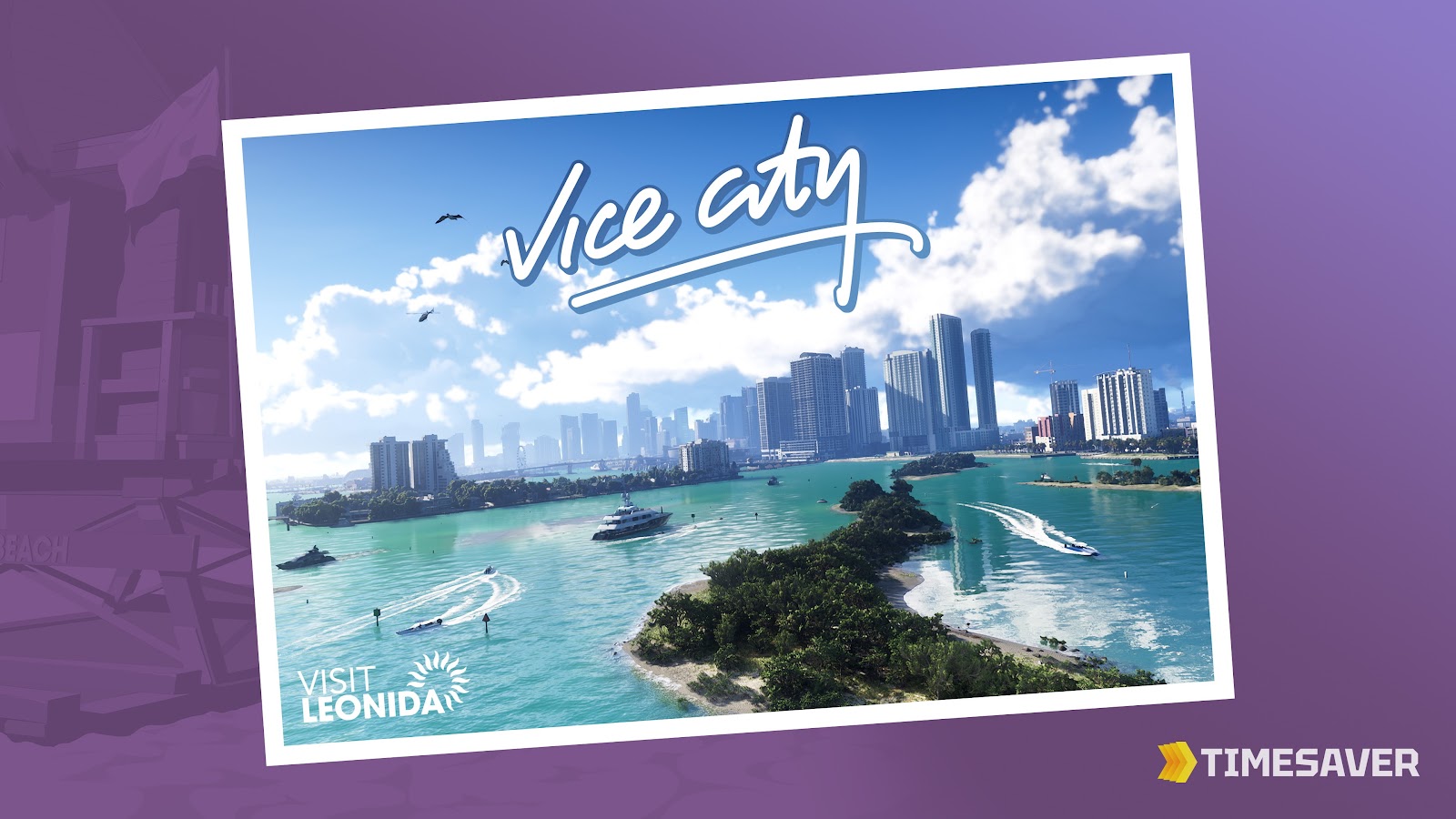Vice City skyline postcard — 'Visit Leonida' official Grand Theft Auto VI artwork