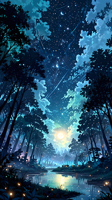 Moonlit Forest River with Fireflies and Starry Night Sky - Free mobile Wallpaper