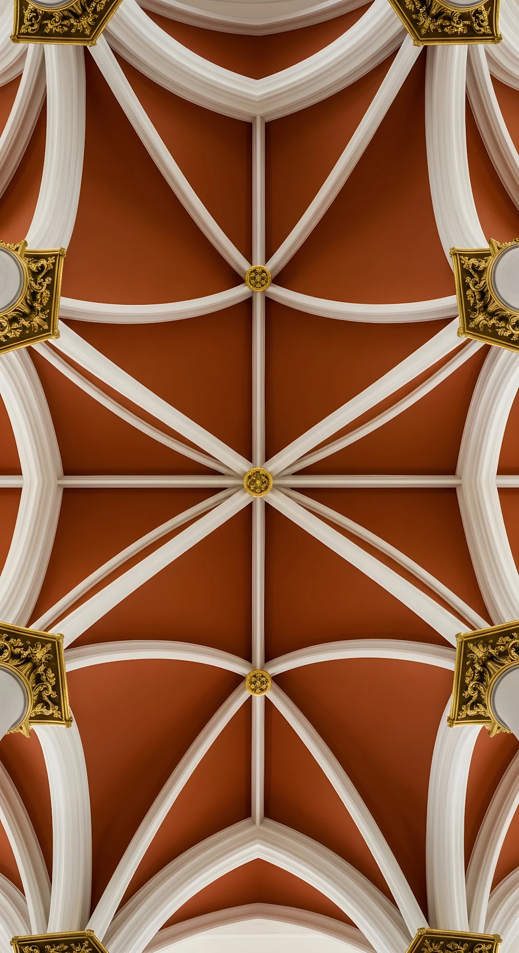 Abstract Low-Angle View of a Symmetrical Gothic-Revival Vaulted Ceiling and Fluted Columns - Free 4K mobile Wallpaper