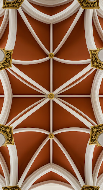 Abstract Low-Angle View of a Symmetrical Gothic-Revival Vaulted Ceiling and Fluted Columns - Free mobile Wallpaper
