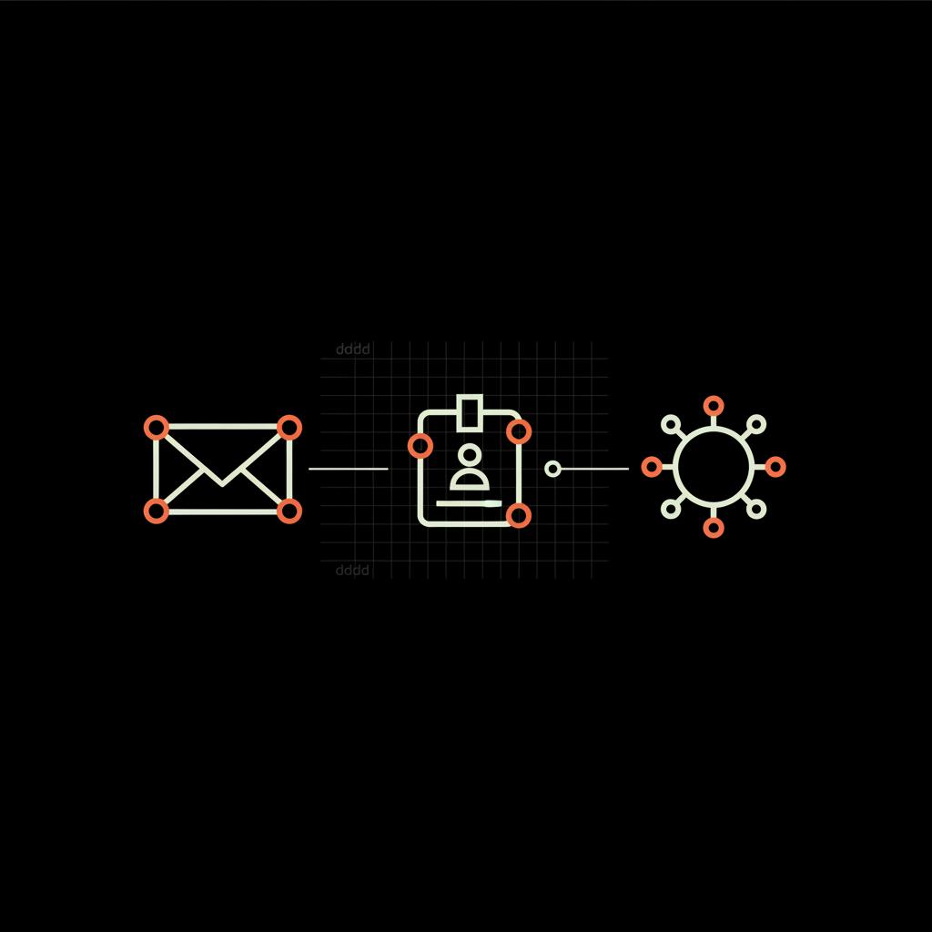 Minimal 2D vector infographic of interlinked email, username, and social profile icons on a subtle ledger grid black background, can i find my old email account