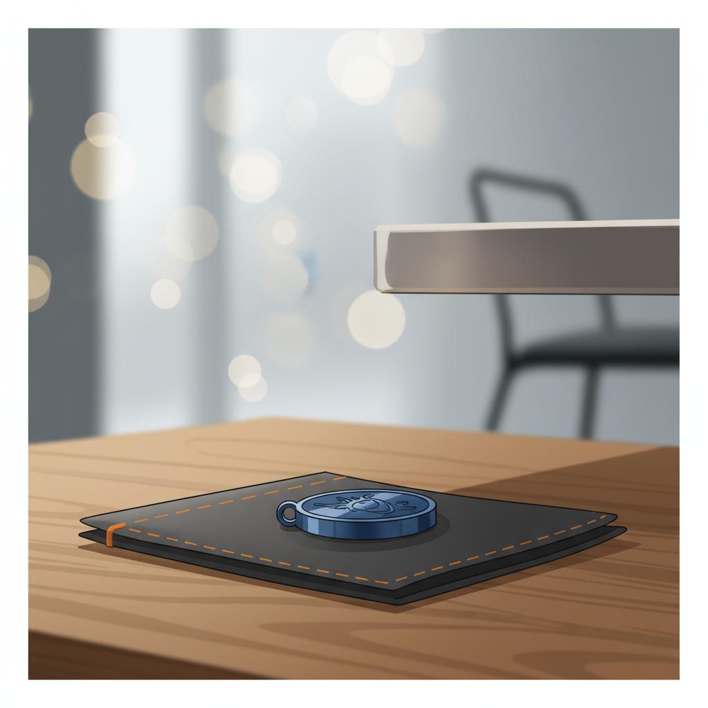 Nahaufnahme eines gravierten Metallanhängers auf feinem Etui auf Holztisch in minimalistischer 2D-Vektorillustration, warme Töne; Taufgeschenk übergeben