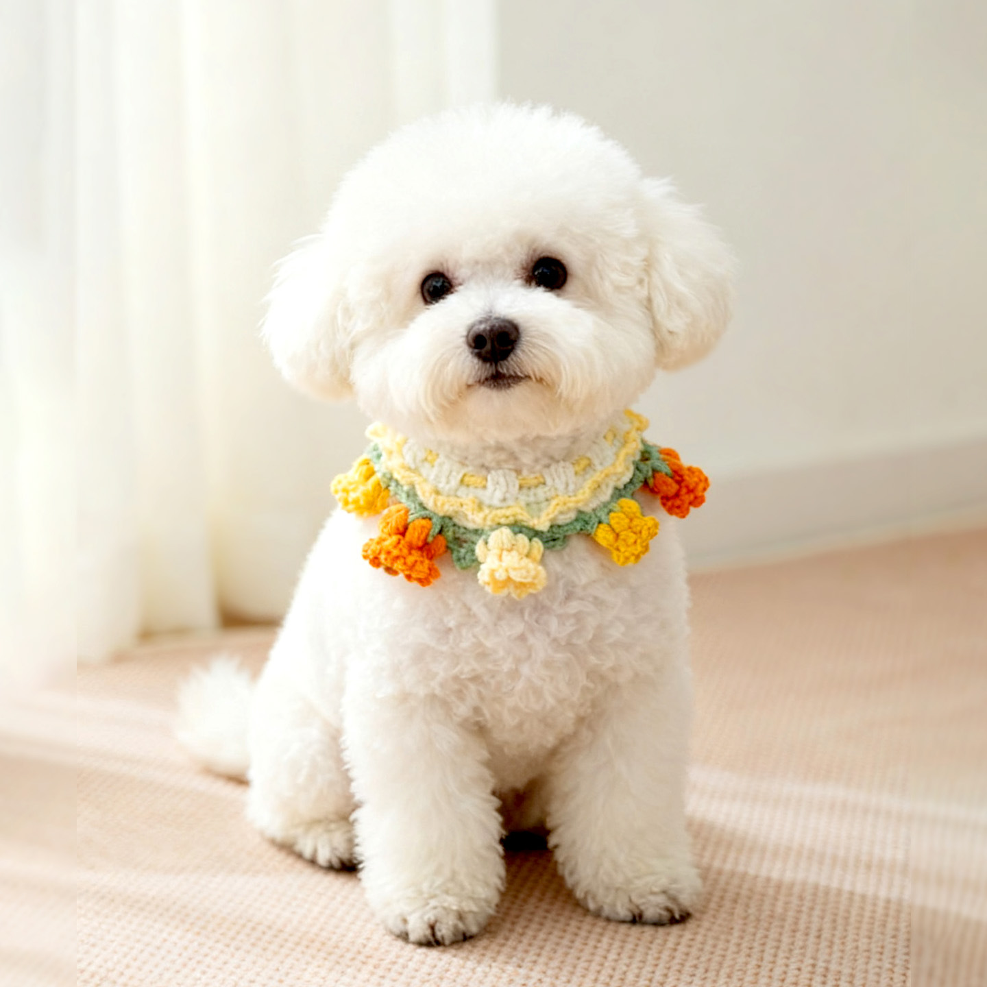 Handmade knitted collar with floral pattern for pets
