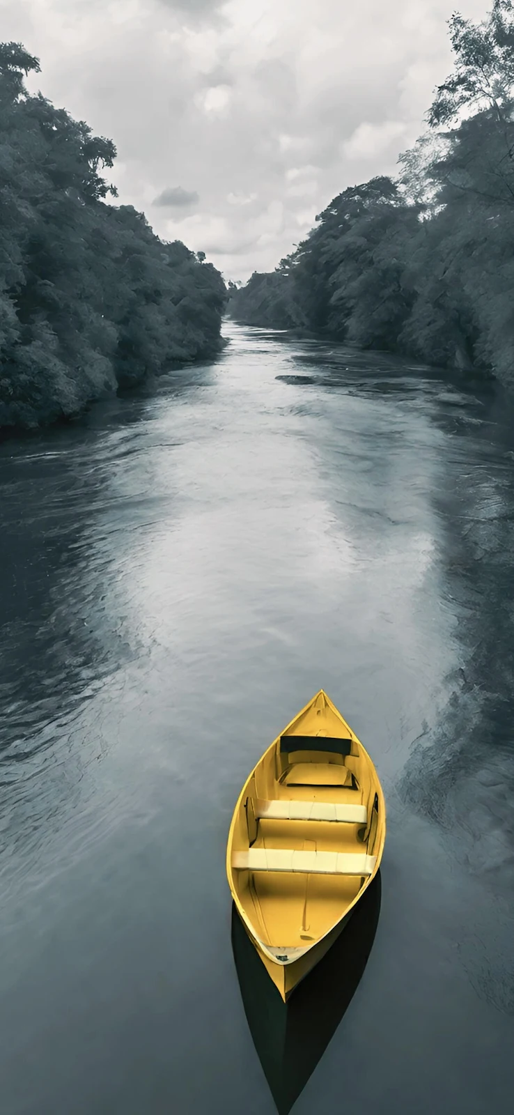 Yellow Boat On Quiet River - Selective Color Photography 2K iPhone Wallpaper (1771x3838)