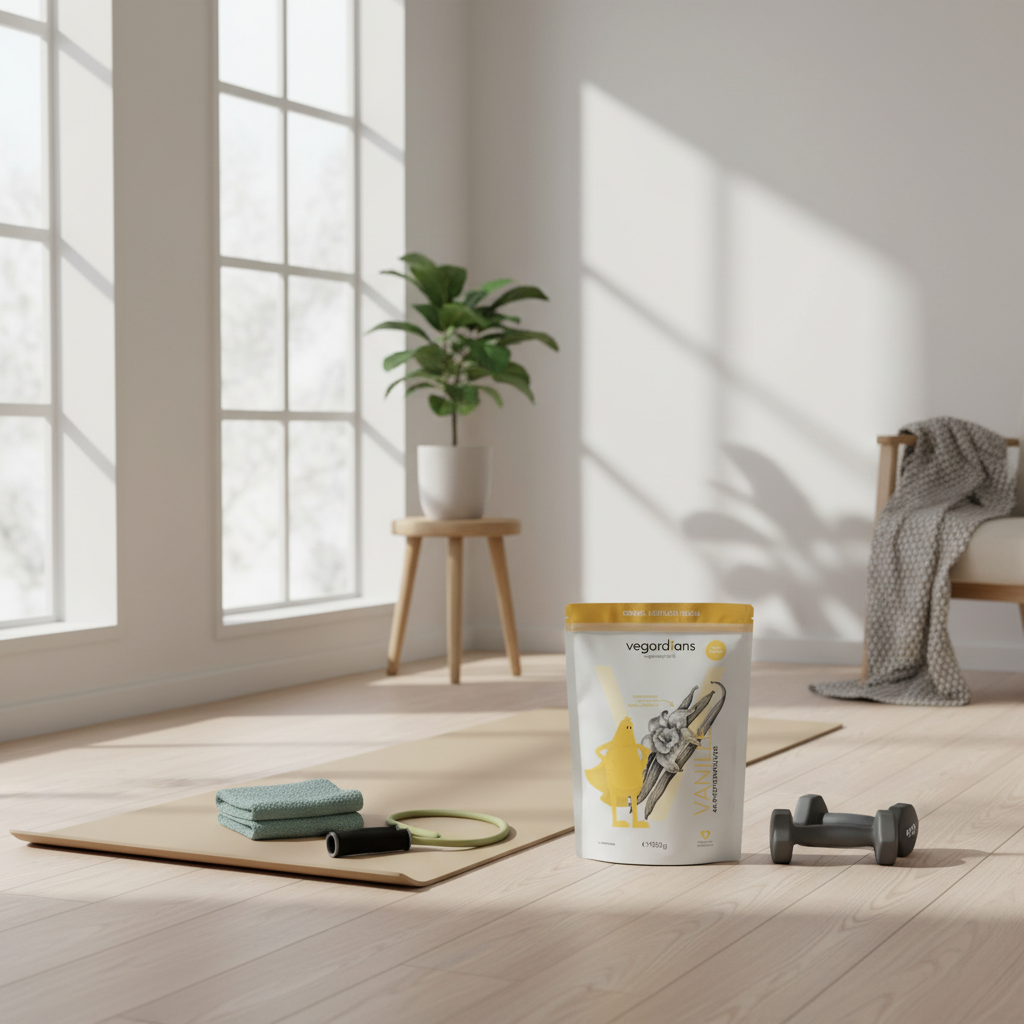 Minimalistische Heimtrainingsszene mit Yogamatte, Theraband und Hanteln im Winterlicht – skandinavischer Stil, aufgeräumt, muskelaufbau frauen 70