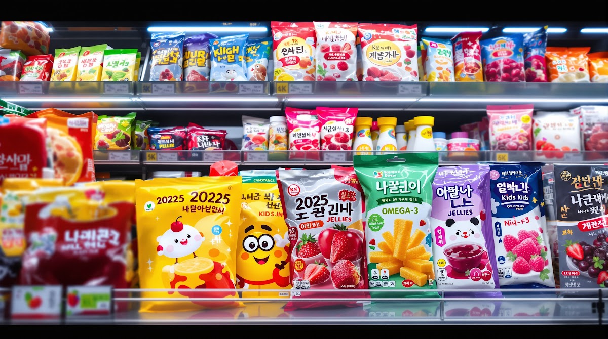 2025년 어린이젤리 브랜드별 제품 비교: 프리미엄 패키지, 무설탕, 특허 유산균, 오메가3, 비타민이 강조된 다양한 젤리 제품과 브랜드별 차별화 포인트가 명확히 드러난 진열대