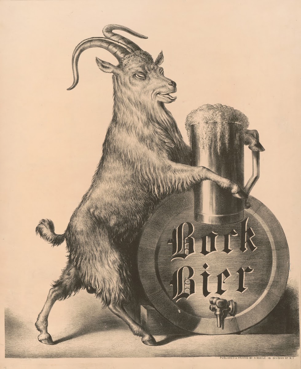Bock Bier goat on hind legs holding large mug of beer with front hooves 1880