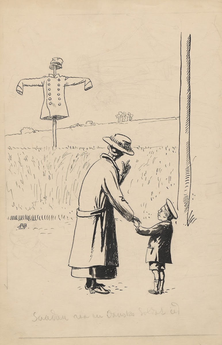 Mother and son look at a scarecrow in uniform 1929