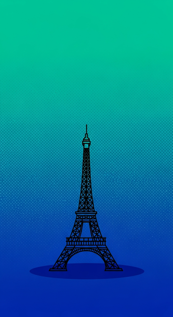 Simple Black Line Art Sketch of the Eiffel Tower on a Minimal Teal Gradient Background