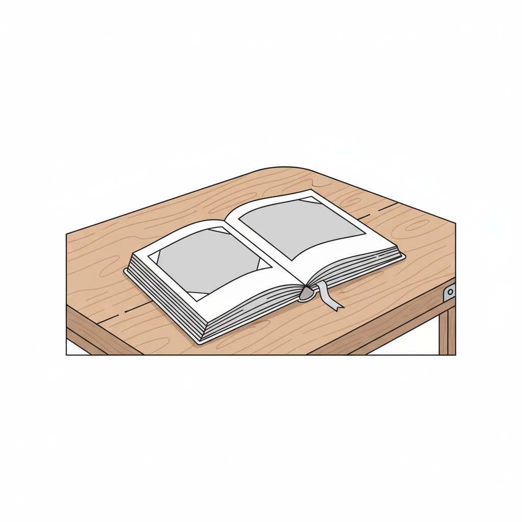 Minimalistische 2D-Vektoraufnahme eines geöffneten Fotoalbums auf Holzoberfläche mit dezenten Metalldetails, stilvolle Steelmonks-Farben, geschenke für 90-jährige