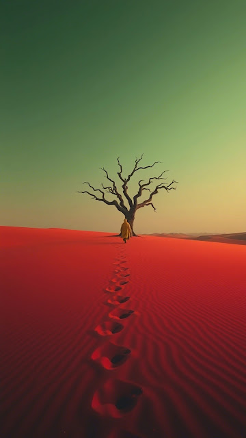Solitary Traveler Red Desert Footprints Bare Tree - Free mobile Wallpaper