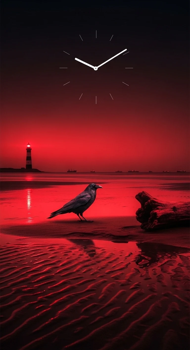 Gothic Crimson Midnight Beach with Solitary Crow - Free 4K mobile Wallpaper