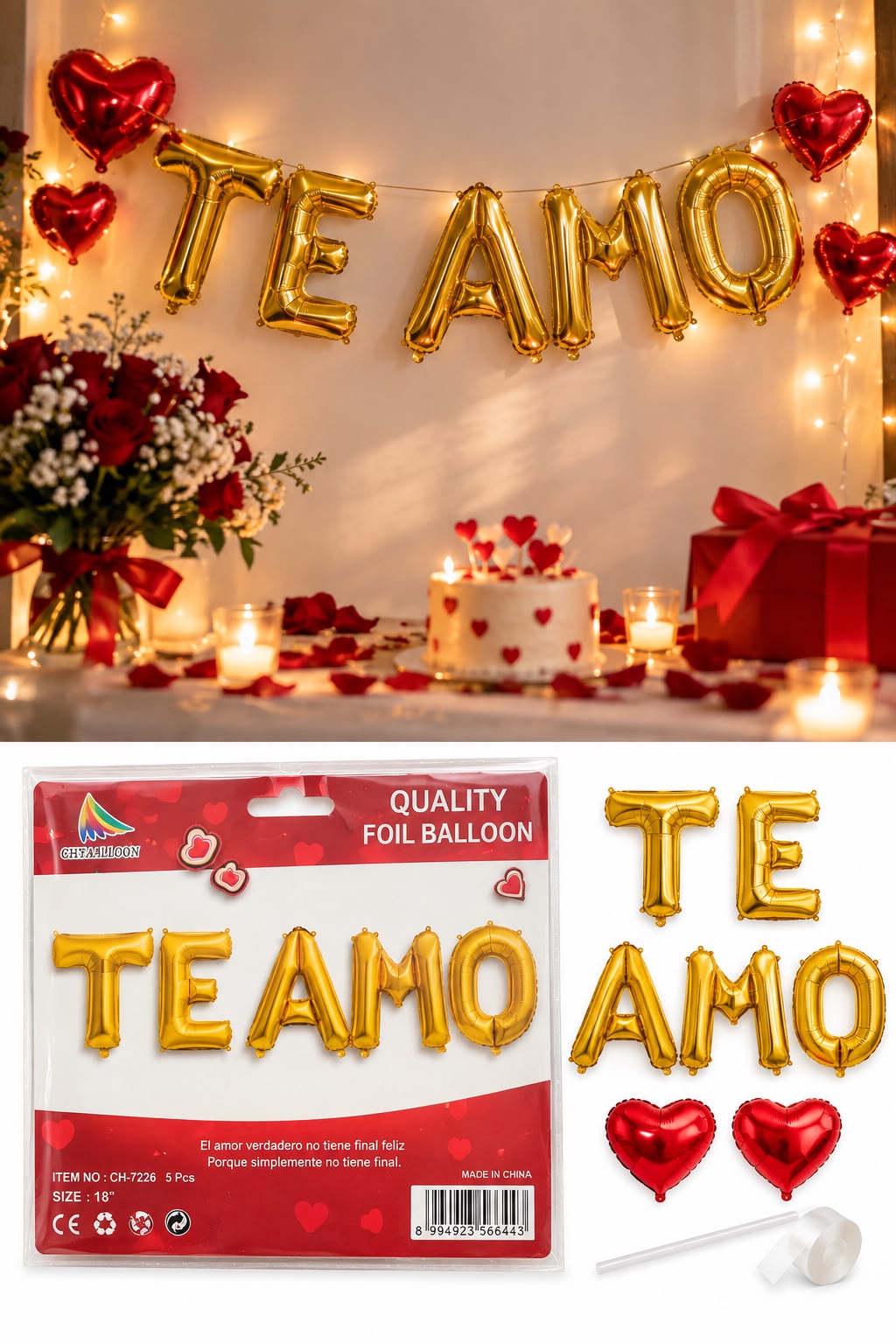 Globo metalizado 'Te Amo' dorado con corazones