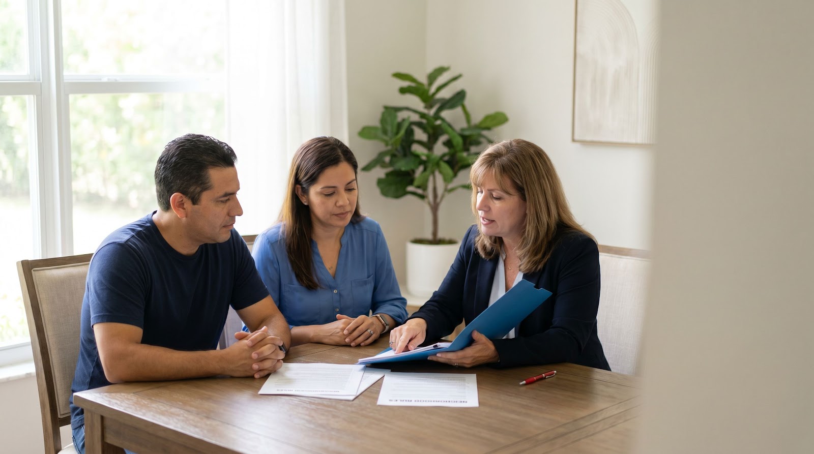 Hispanic Florida homeowners reviewing HOA and insurance documents for florida fireworks home insurance damage