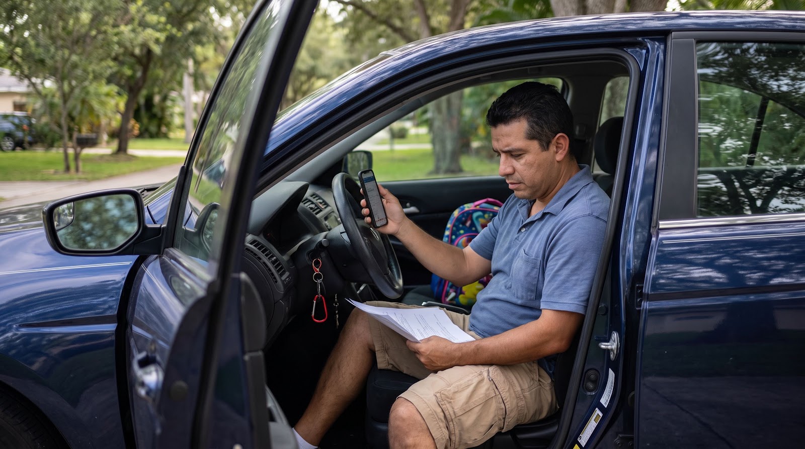 Father reviewing insurance claim documents after a florida school drop off rear end collision