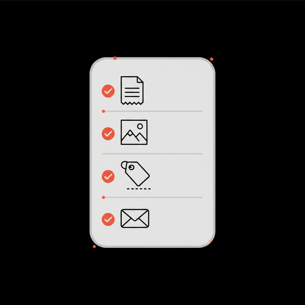 Minimal vector checklist infographic with receipt, photo, order tag, and envelope icons on a dark background — Google reviews hidden
