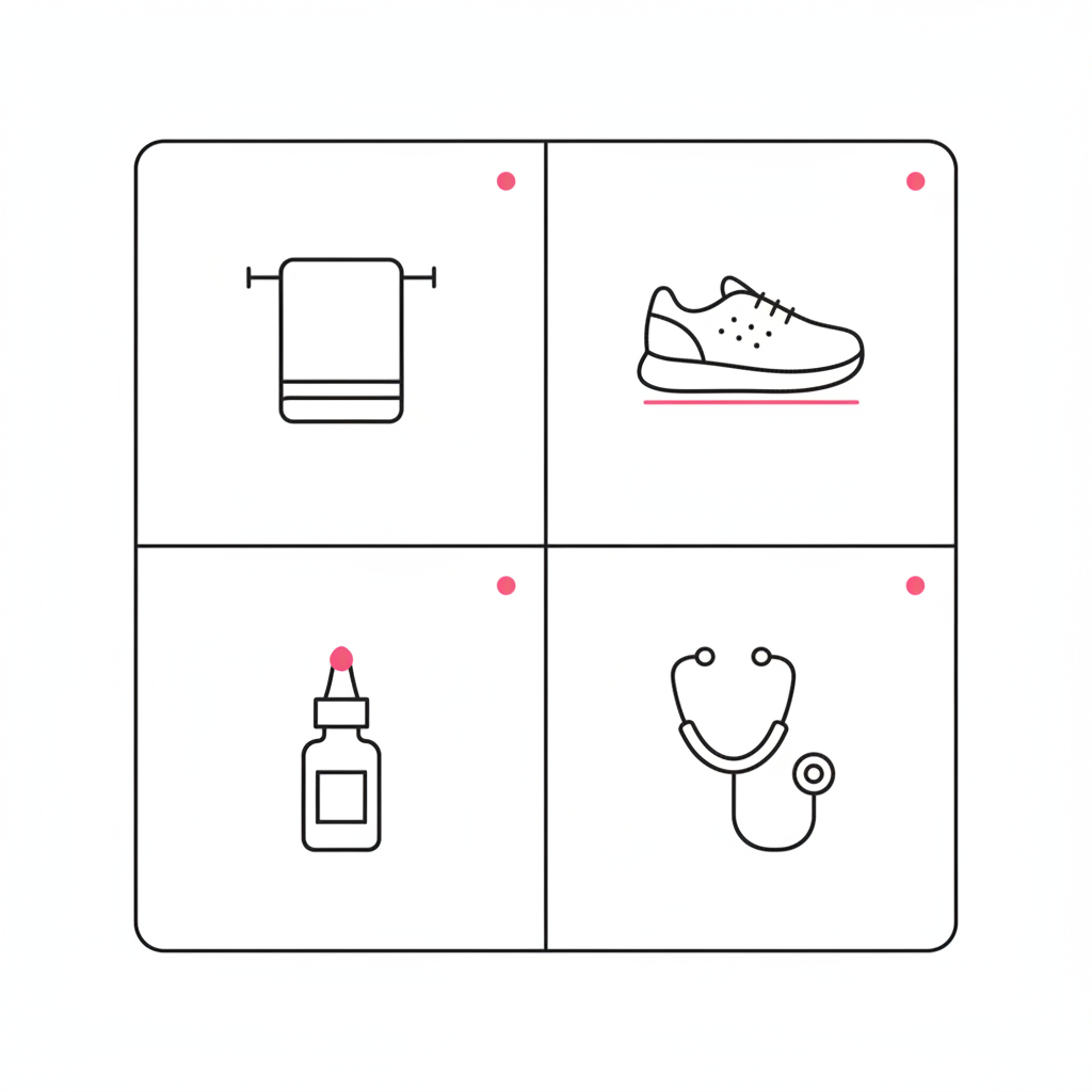 Minimalistische 2D-Infografik mit vier Vektor-Icons (Handtuch, Schuh, Nagelöl-Fläschchen, Stethoskop) in NailX-Farben. Kann Stress Nagelinfektionen verursachen