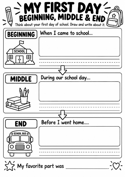 My First Day Beginning Middle and End Worksheet