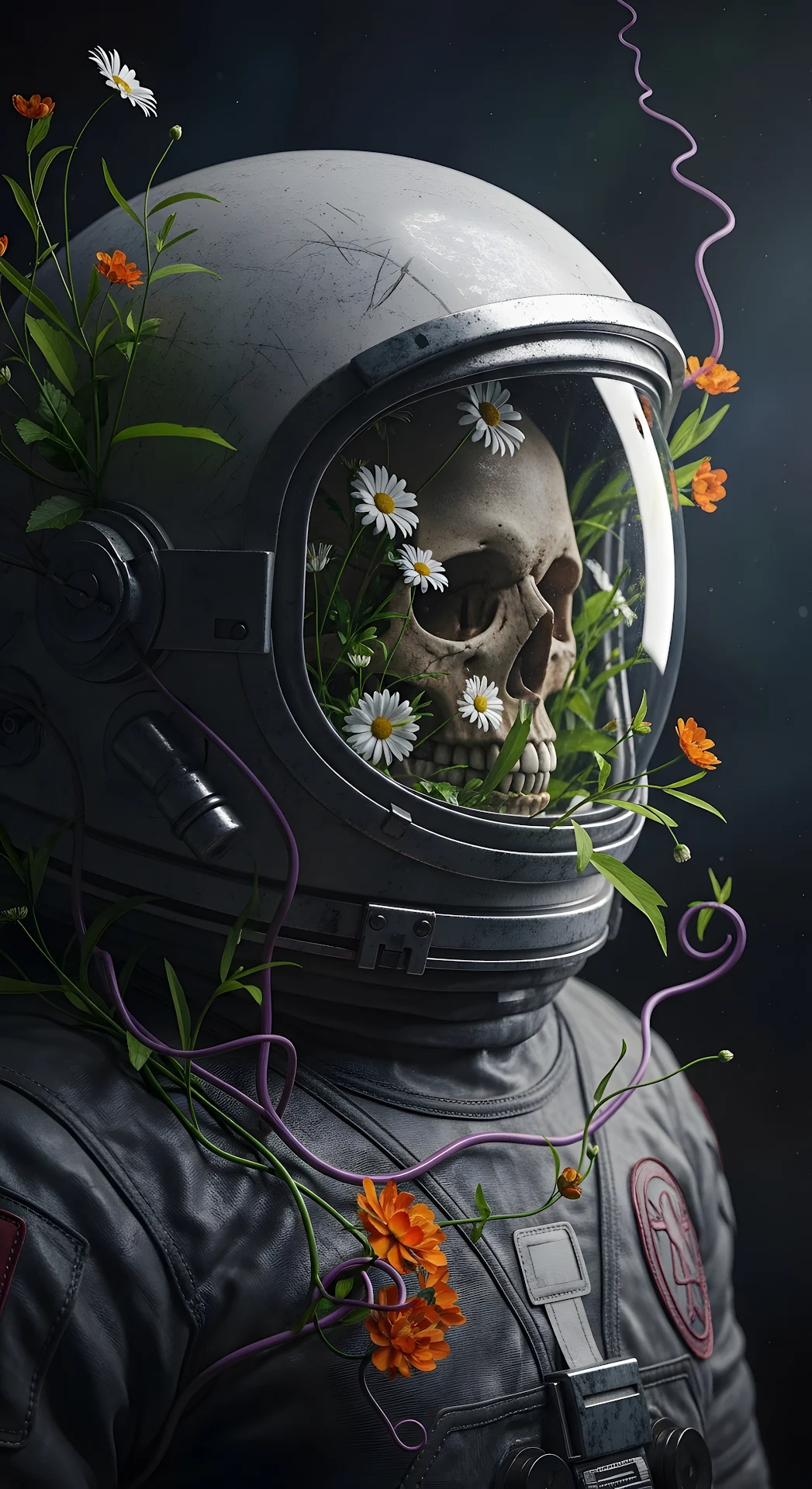 Skull and Daisies Inside Astronaut Helmet Visor - Free 4K mobile Wallpaper