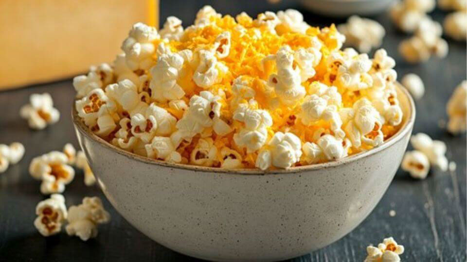 Cheesy popcorn bowl topped with cheddar cheese powder, perfect for family movie night.
