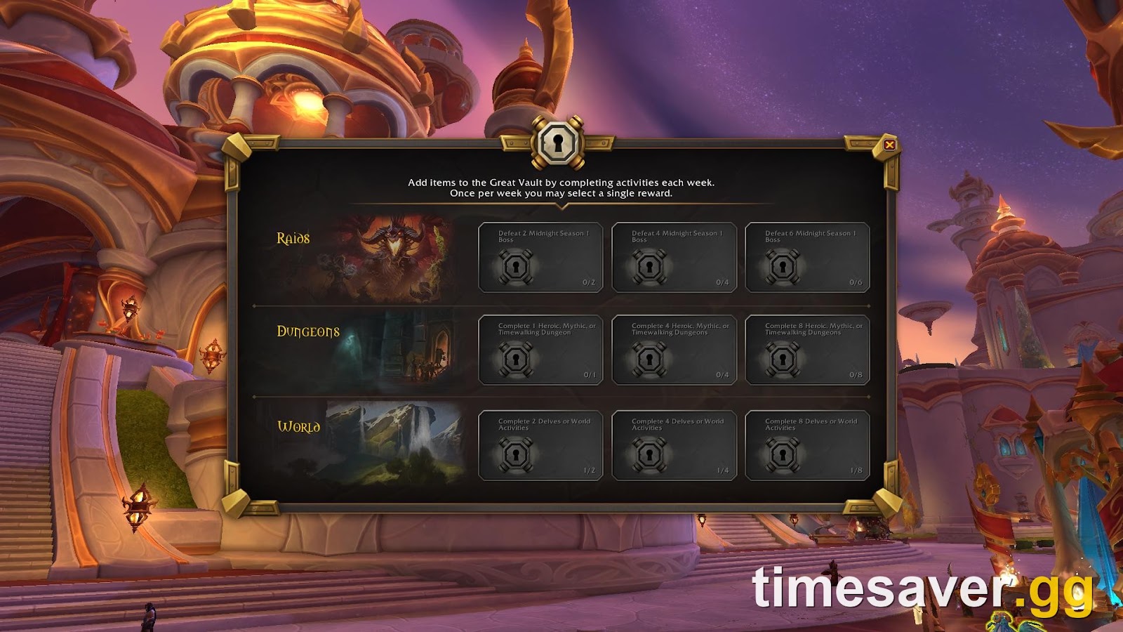 The WoW Great Vault weekly reward interface showing Delve reward slots in Midnight Season 2