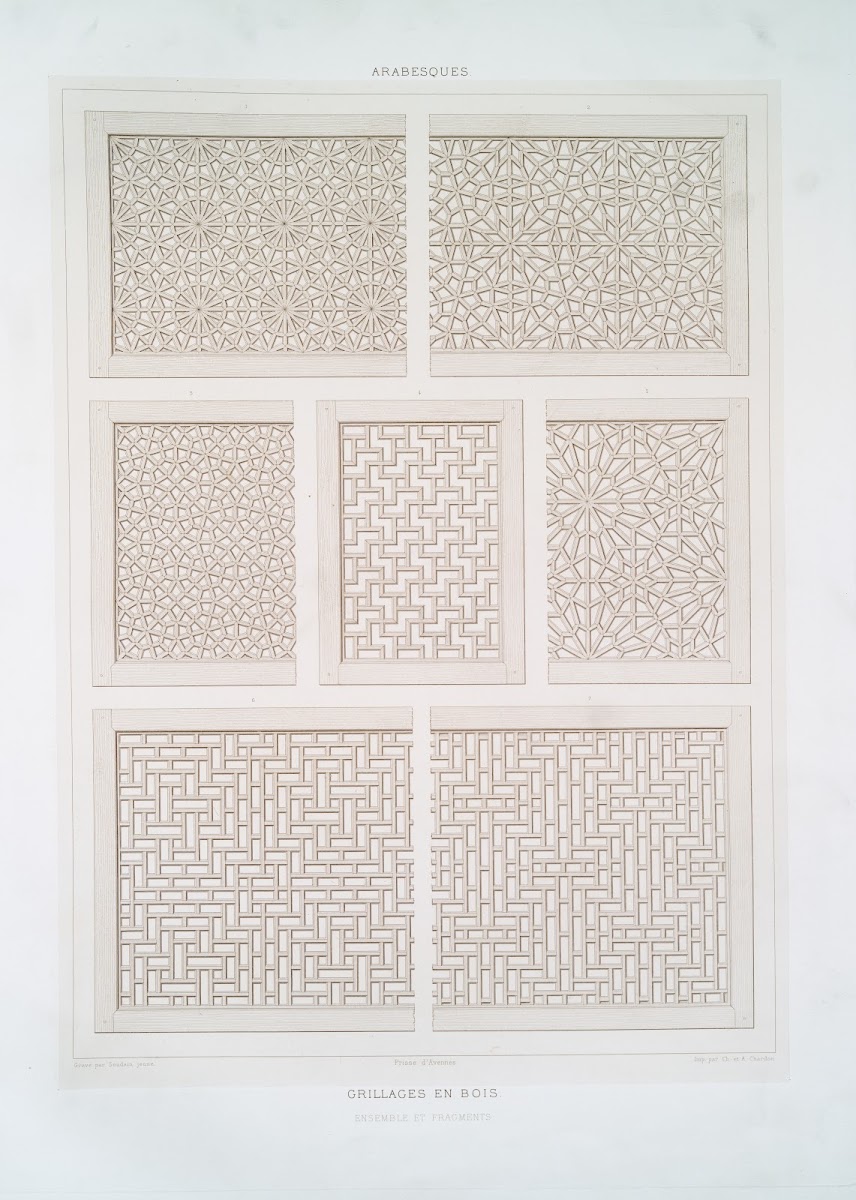Arabesques grillages en bois ensemble et fragments 1877