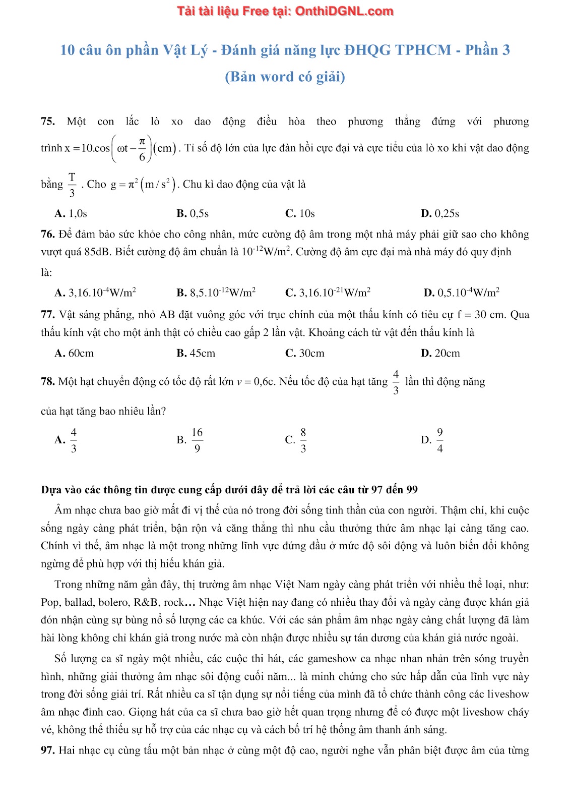300 bài tập môn Vật Lý - Ôn thi ĐGNL ĐHQG TPHCM Phần 3