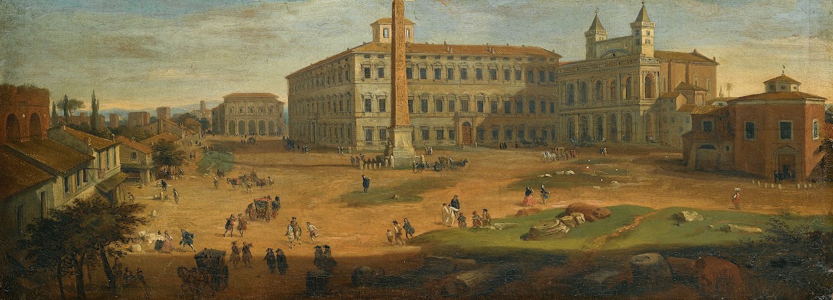 Rome A View Of Piazza San Giovanni Laterano With Figures And Horse Drawn Carts