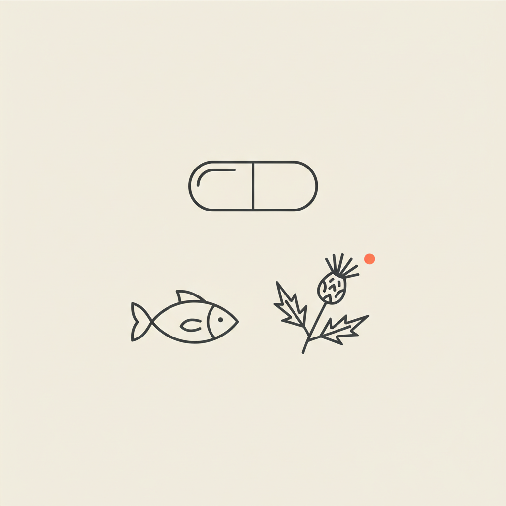 Minimal line-art vector of a capsule, fish icon, and milk thistle sprig on a flat beige background, symbolizing brain supplements in a Tonum-style aesthetic