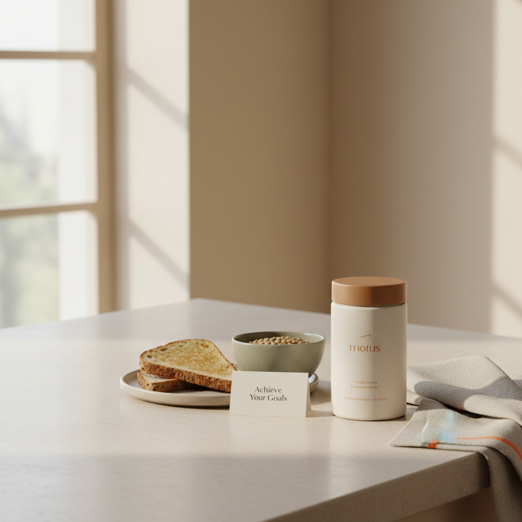 Tonum Motus supplement jar on a neutral kitchen island beside whole-grain toast and a bowl of legumes, minimalist health scene promoting sugar blocker supplements