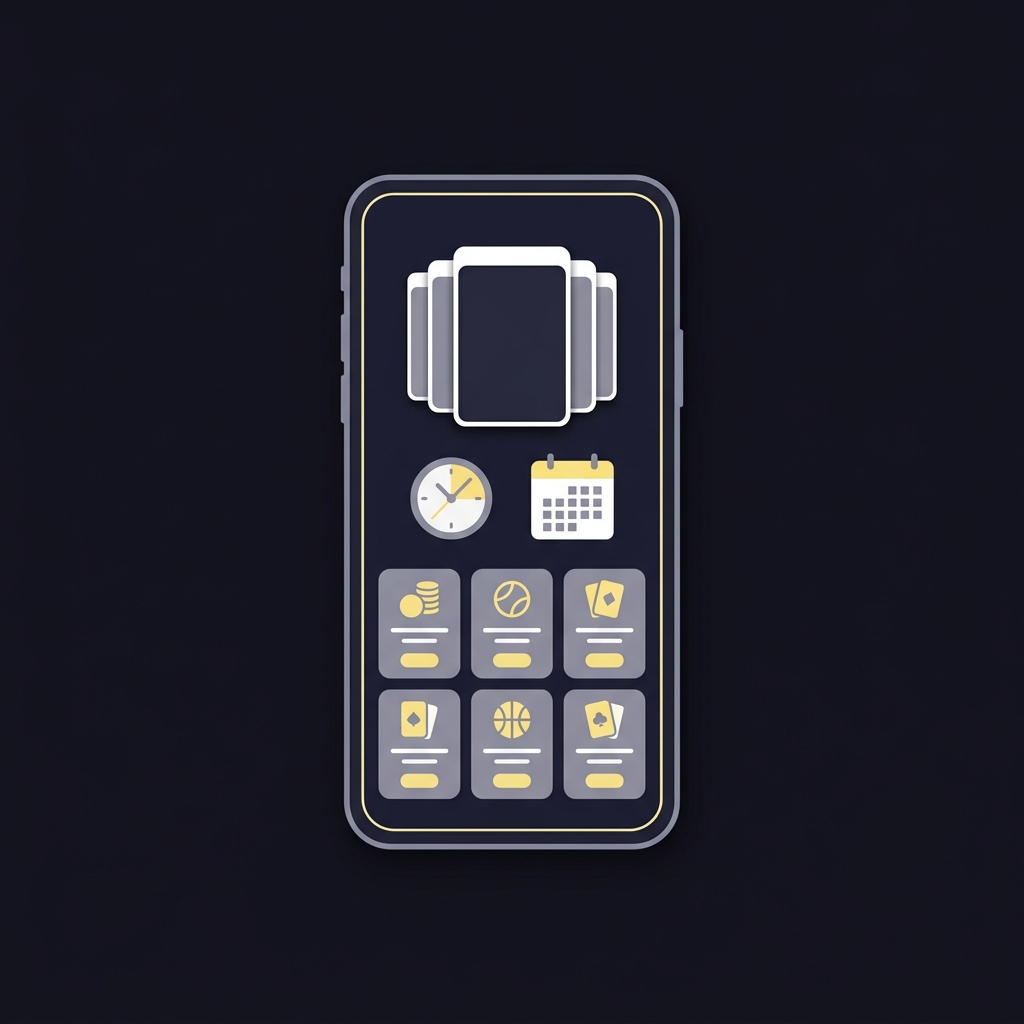 Minimal 2D vector smartphone on dark background with simplified betting interface stacked screenshot thumbnails and clock and calendar icons suggesting evidence collection circa sports betting