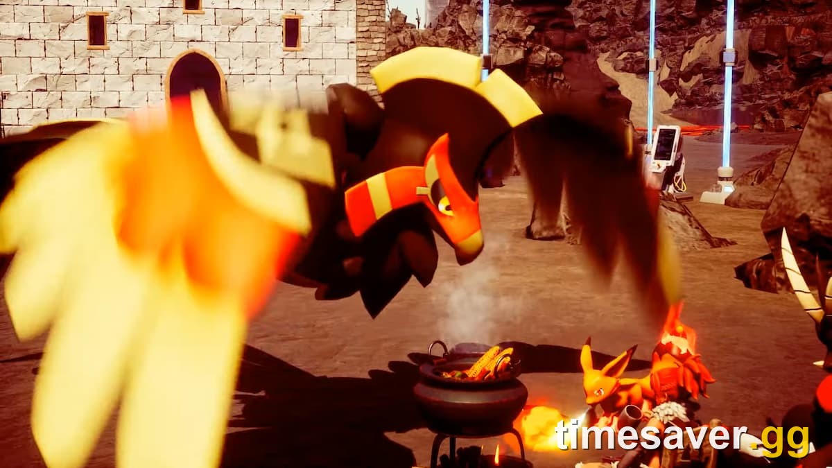 The fire tower boss Faleris (Marcus & Faleris) in Palworld 1.0, countered by Water Pals