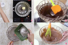 Đổ nước vào nồi, sau đó đặt tô chịu nhiệt lên nồi, bật bếp ở nhiệt độ vừa, tiếp đó, bạn cho bơ và chocolate vào tô, dùng phới đảo đều để nguyên liệu tan hoàn toàn như hình 2 rồi tắt bếp. Sau đó, bạn thêm vào tô các nguyên liệu gồm sữa, lòng đỏ trứng, bột nở, muối, bột mì (đã rây vào) và dùng cây đánh bột để trộn đều nguyên liệu.
